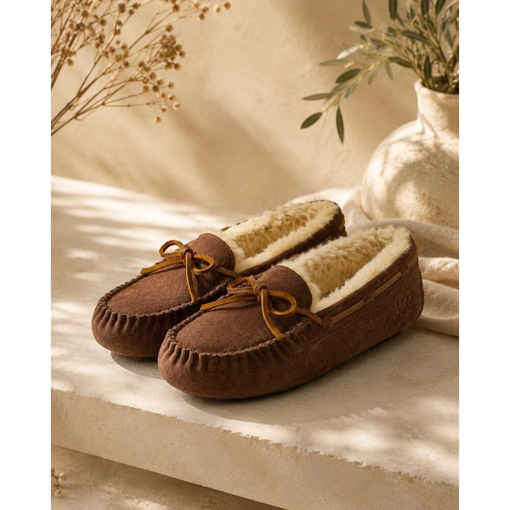 UGG Womens Shearling Lined Chocolate Brown Suede Moccasin Slippers Size 6